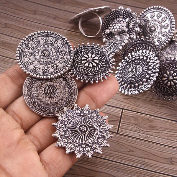 Wholesale Bollywood Oxidized Silver Plated Adjustable Rings for Women - Mix Shape  Size Lot