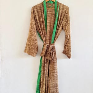 Boho Silk Kimono Robe With Green Trim, Handmade Bathrobe, Spa Robe, Sustainable Loungewear, Wedding Kimono, Cardigan For Women