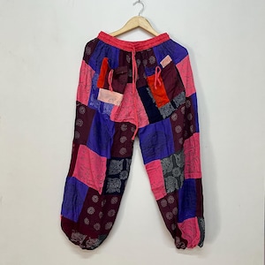 Handcrafted Patchwork Pants Indian Rayon Pants Unisex Yoga Trouser Harem Pants With Pocket Elastic Waist Women Pants Boho Style