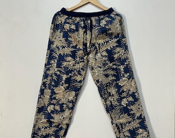 Floral Kantha Quilted Cotton Pants: Vintage Style with Pockets