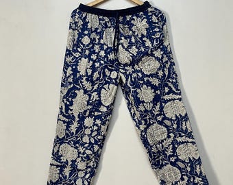 Blue Floral Kantha Quilted Cotton Pants with Pockets