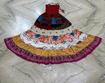 Gonna Sari in seta riciclata patchwork boho, gonna lunga da festival