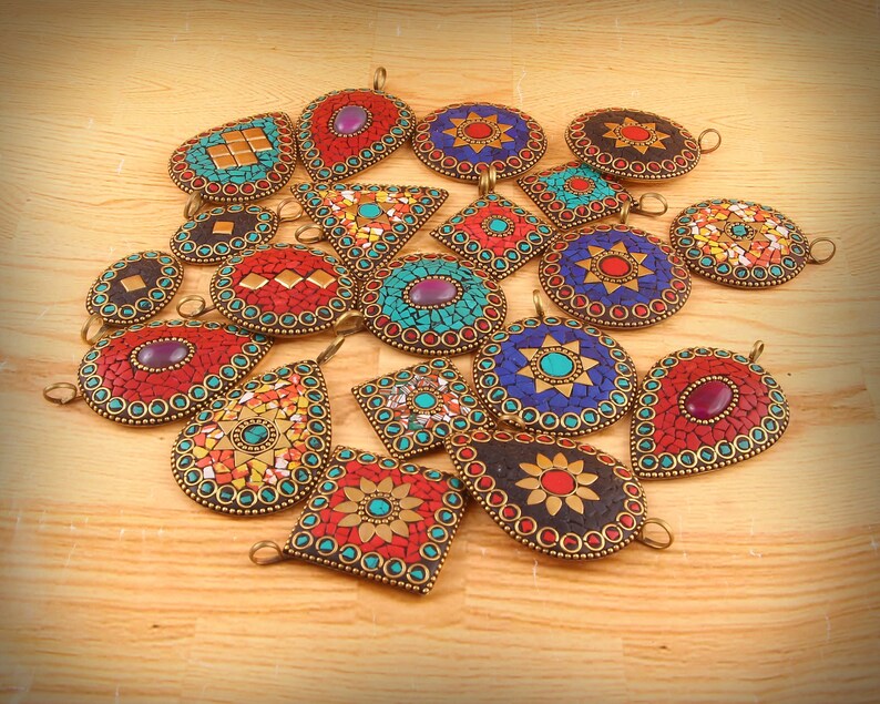 10 To 100 Piece Lot Of Indian Handmade Gemstone Pendent/ Wholesale Nepali Handmade Pendant/ Tibetan Pendant Jewelry Mix Size And Shape lot image 2