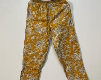 Kantha Quilted Cotton Pants, Floral Straight Trousers with Pockets