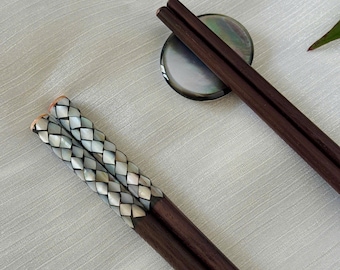 Mother of Pearl Chopsticks Set with Rest | Handmade Wooden Chopsticks | Tableware Gift | Minimalist Kitchen Set