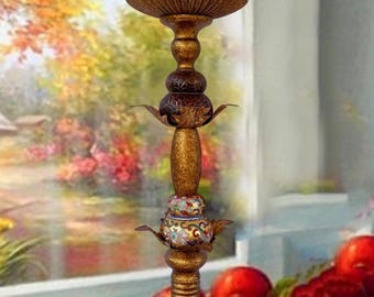 Vintage tall pillar candle holder Resin metal bronze finish with decor candle