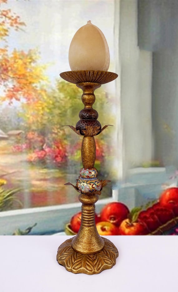 Vintage Tall Pillar Candle Holder Resin Metal Bronze Finish With