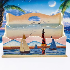 Vintage Hand Painted Wooden Mail Holder: Desktop Magazine Organizer