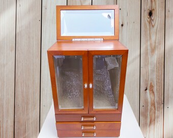 Vintage Wooden Jewelry Box with Mirror & Drawers