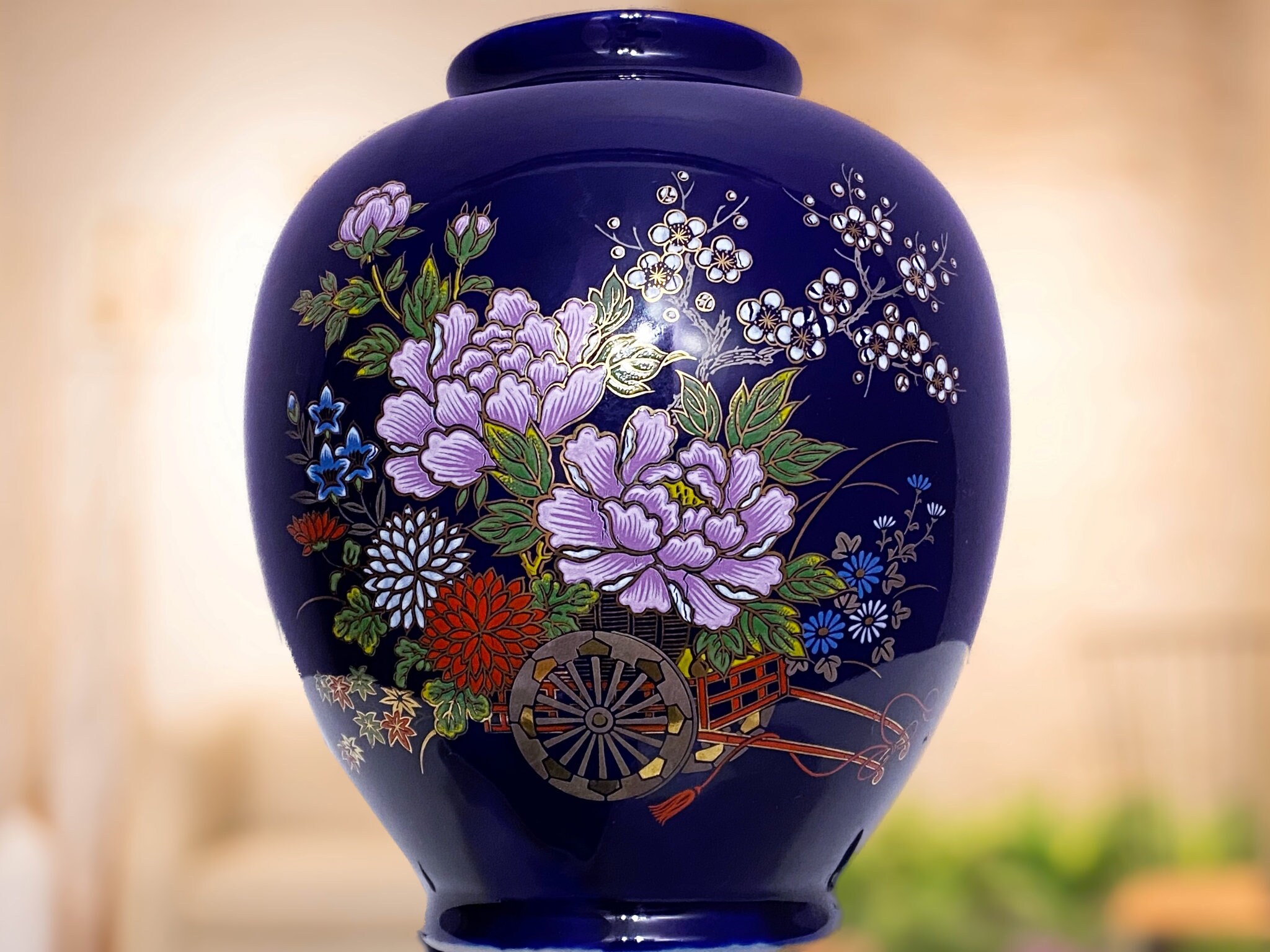Vintage Floral Deep Blue Porcelain Vase Home Decor Made in Japan