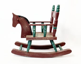 Vintage Mini Rocking Horse Chair – Painted Wood Toy for Nursery Decor