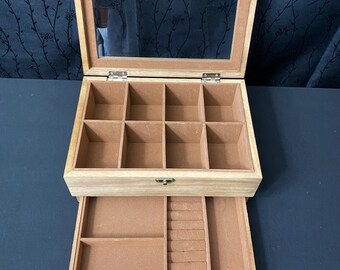 Wooden Jewelry Box: 2-Tier Display Case with Glass Lid