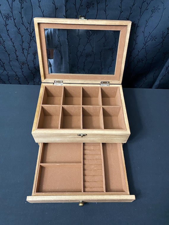 Wooden Jewelry Box: 2-Tier Display Case with Glass Lid