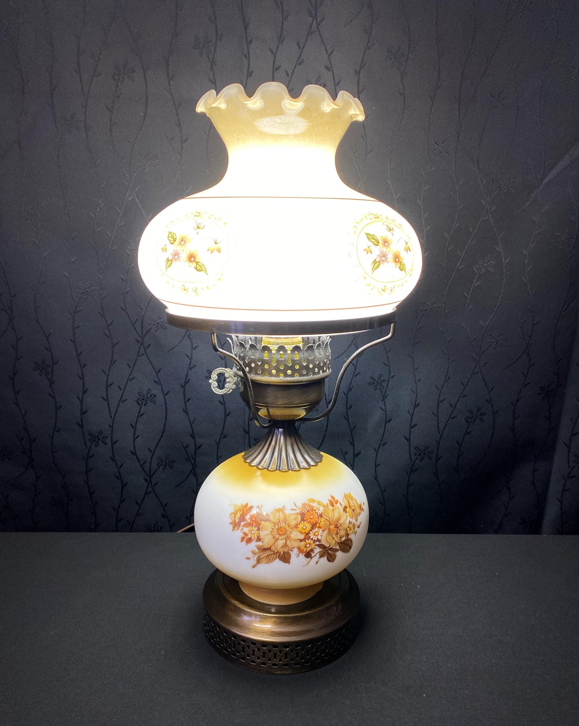 Vintage Milk Glass Hurricane Lamp Floral Pattern Table Lamp Home