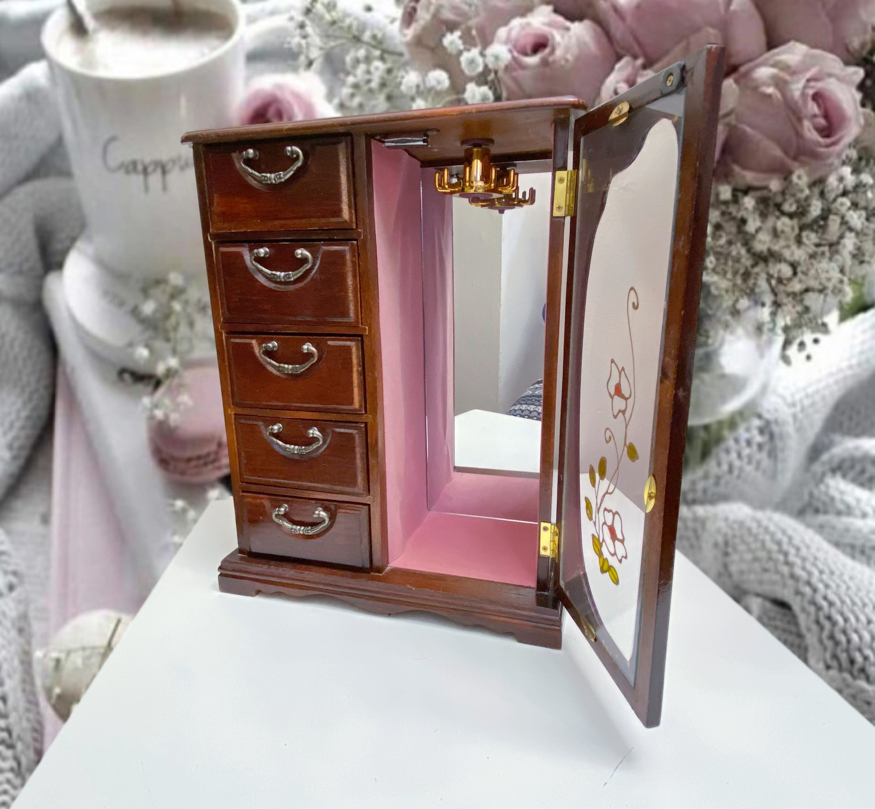 Glass Mirrored 4 Drawers Gold Jewelry Storage Box Vintage Metal Edge J –  Nillishome