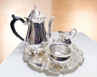 Silver plated tea 4 Piece set Vintage tea pot creamer sugar bowl serving tray
