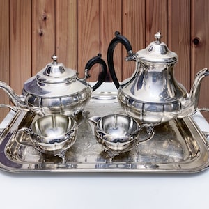 Silver plated tea 5 Piece set Vintage teapot coffee pot creamer sugar bowl serving tray