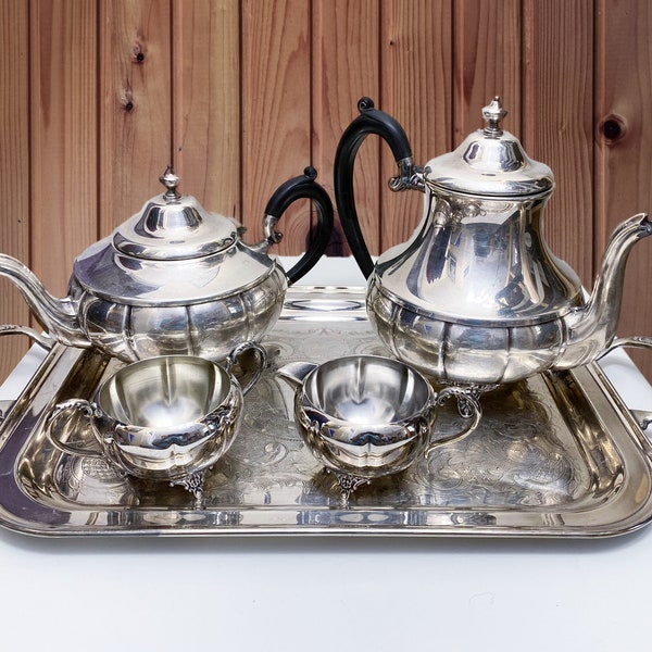 Ensemble de thé plaqué argent 5 pièces, théière vintage, cafetière, crémier, sucrier, plateau de service