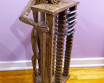 Vintage Hand Carved Wood CD Rack: African Figure, 40 Disc Storage
