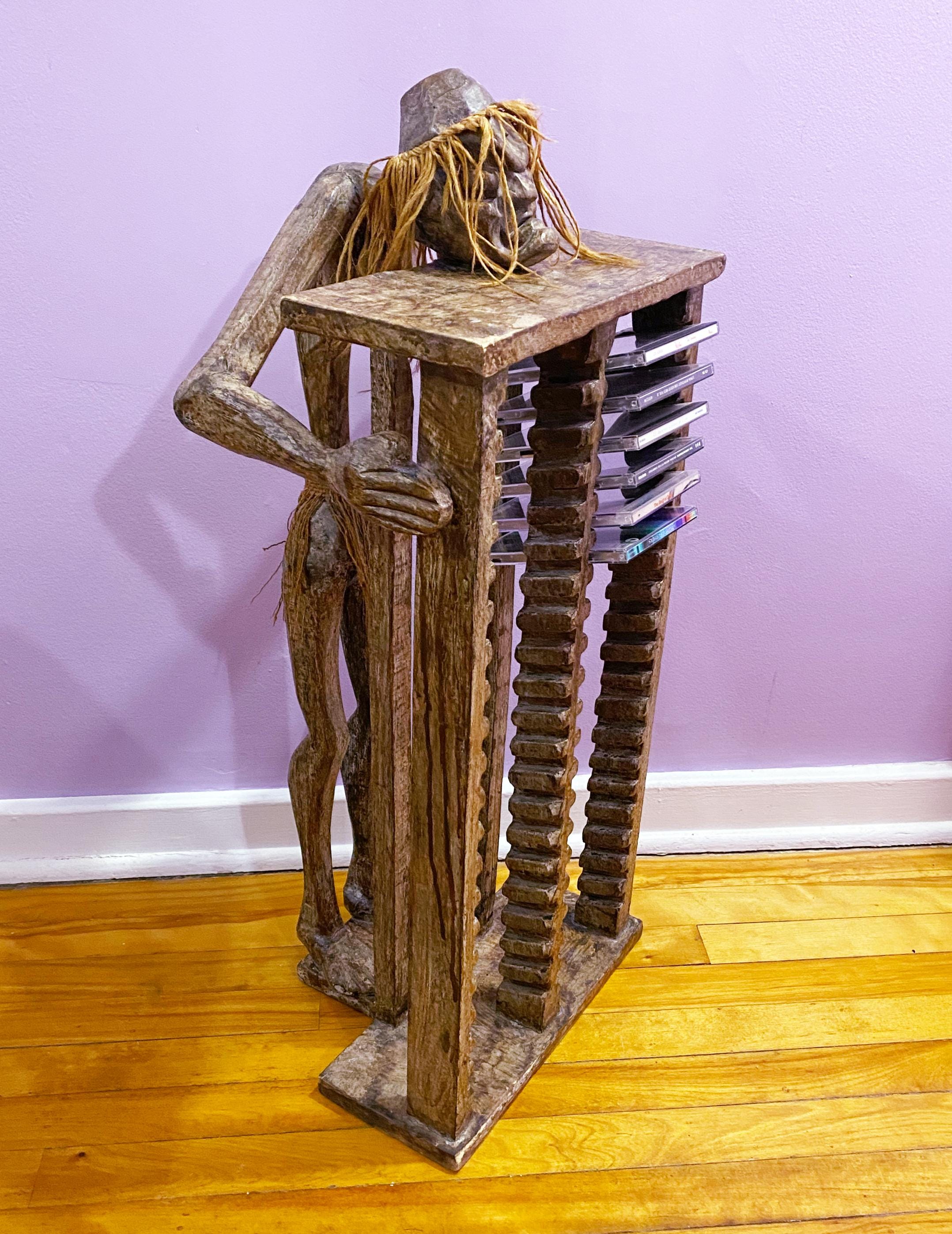 Vintage Hand Carved Wood CD Rack: African Figure, 40 Disc Storage
