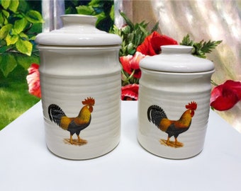 Vintage 1970s set of two ceramic canisters Pottery lidded jar