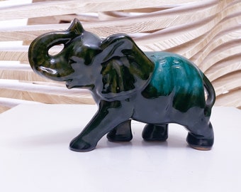 Vintage Green Flow Glaze Pottery Elephant Figurine