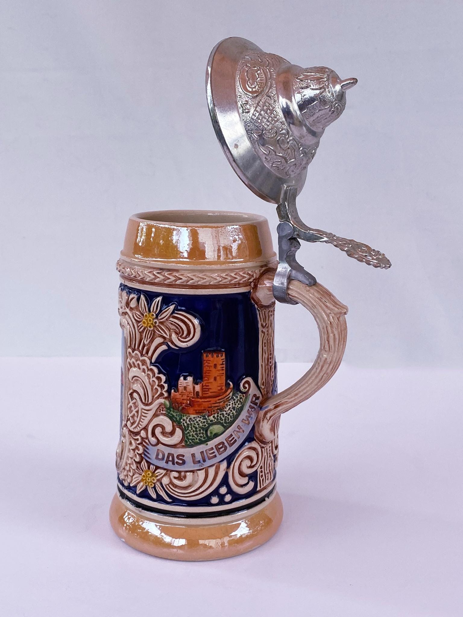 Vintage German Beer Stein: West Germany Ceramic Mug With Pewter