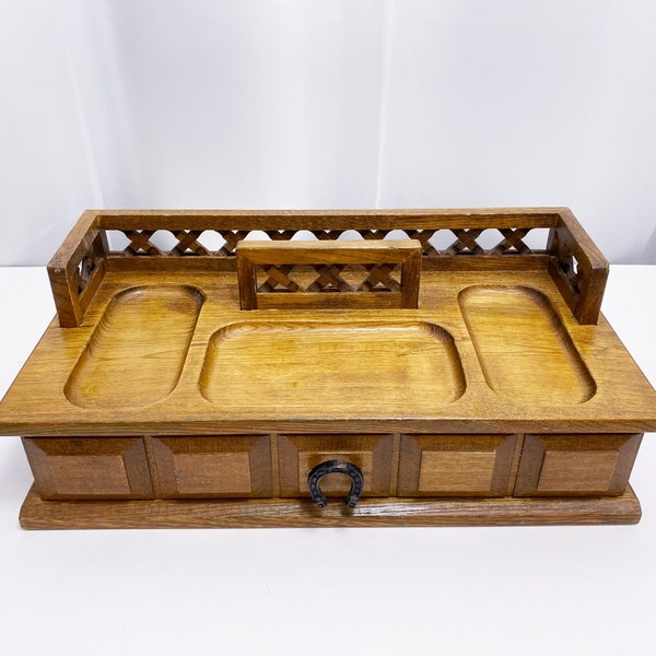 Men's vintage wood jewelry box accessories organizer, Valet, Catch-all, Yellow velvet interior