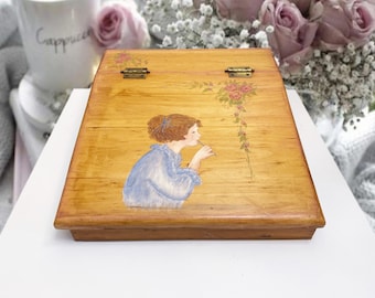 Vintage hand painted large wooden box Treasure chest Аrt supply box