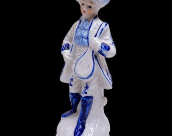 Vintage Porcelain Musician Figurine | Blue & White 18th‑Century Style | Collectible Decor
