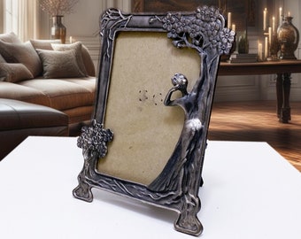 Vintage Art Decor Nouveau Photo Frame Standing Woman Goddess Pewter Silver Color