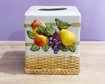 Vintage Ceramic Tissue Box Cover – Fruit Motif, Wicker Texture, Square Bathroom Decor