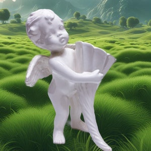 Peut inclure: Une figurine de chérubin en porcelaine blanche avec des ailes tenant un vase à fleurs blanc. La figurine est debout sur un champ herbeux vert avec des montagnes en arrière-plan.