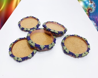 Vintage decorate with flowers ceramic and cork coasters Set of five 1960s