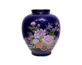 Vintage floral deep blue porcelain vase Home decor Made in Japan