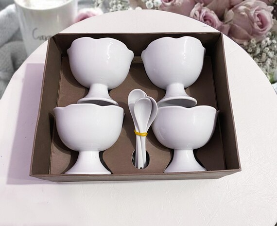 Vintage Set von 4 Porzellan Eisbecher mit Löffel