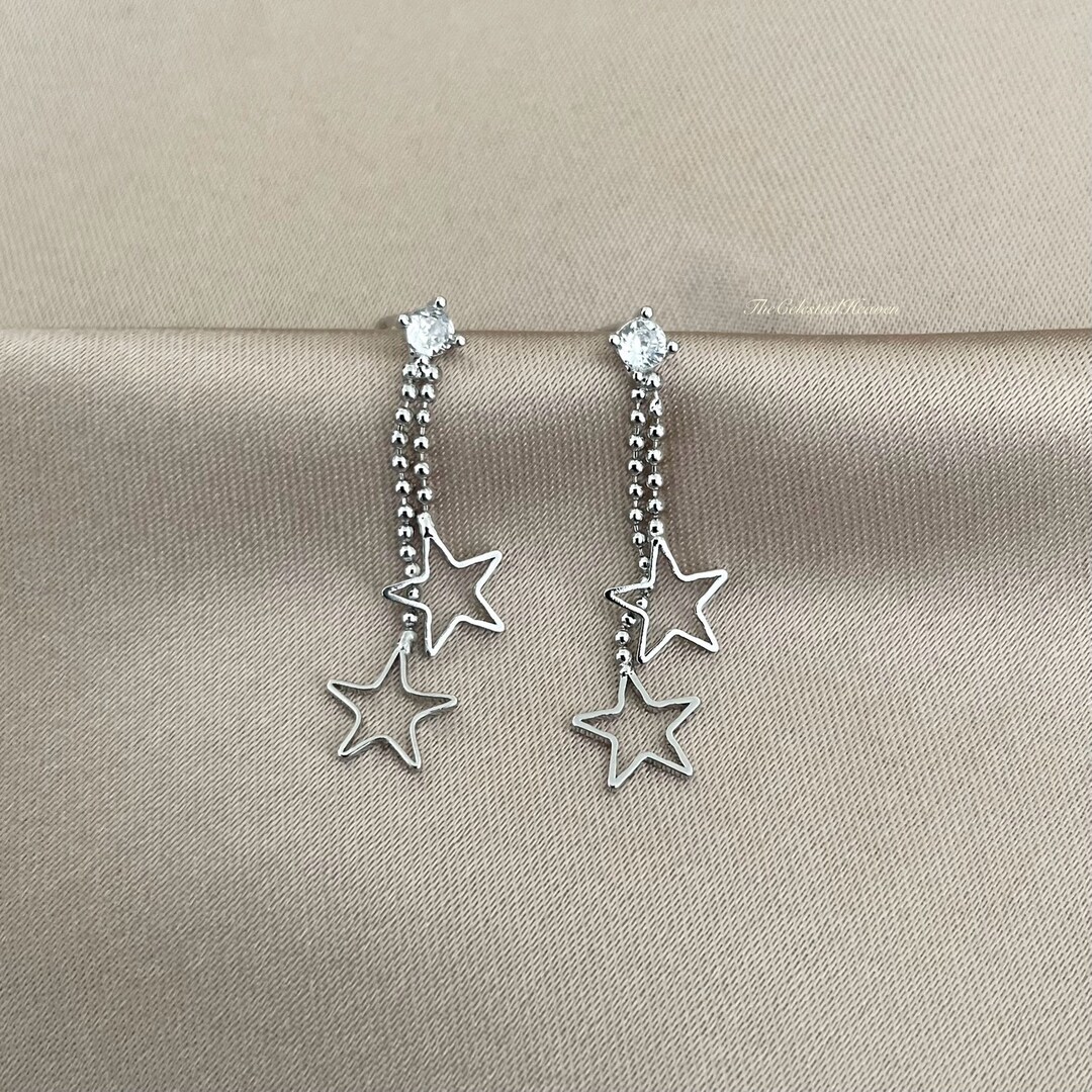 Star Theme Earrings 925 Sterling Silver Puffy Star Drop Dangle