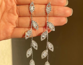 925 Sterling Silver Gold Olive Leaf Dangle Drop Earrings| Long Leaf Earrings| Crystal Tassel Dangle Earrings| Bridal Wedding Earrings