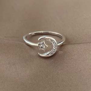 Bague réglable croissant de lune et étoile en argent sterling 925 | Bague en argent redimensionnable| Bague ouverte étoile lune céleste | Bague bohème