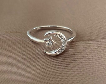 925 Sterling Silver Adjustable Crescent Moon and Star Ring| Silver Resizable Ring| Celestial Moon Star Open Ring| Boho Ring