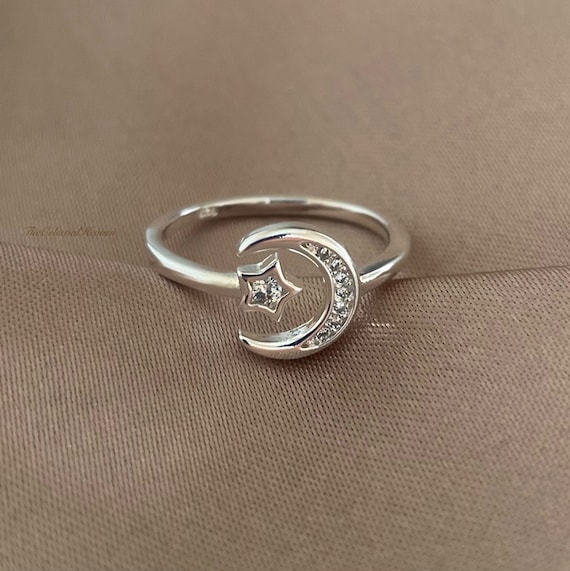 Crescent moon & star adjustable sterling silver best sale ring
