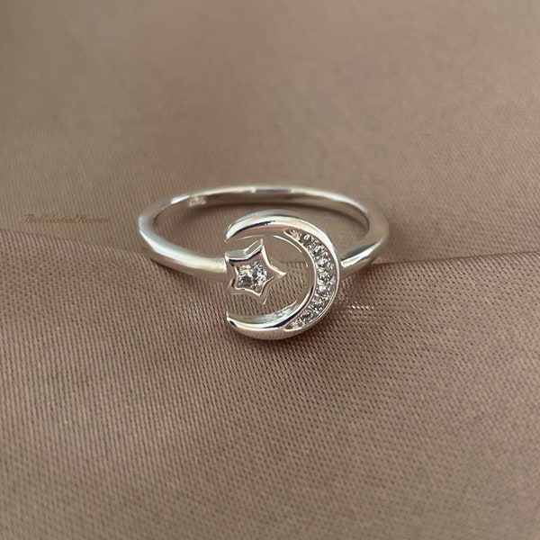 925 Sterling Silver Adjustable Crescent Moon and Star Ring| Silver Resizable Ring| Celestial Moon Star Open Ring| Boho Ring