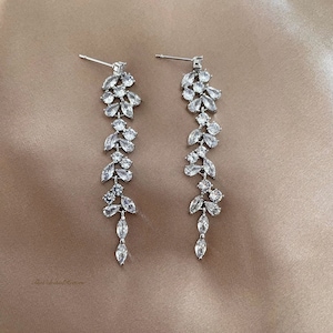 Pendientes colgantes de hoja de cristal chapados en plata de oro rosa de circonio cúbico / pendientes de boda nupcial / pendientes colgantes de hoja / pendientes de oro rosa plateado imagen 1