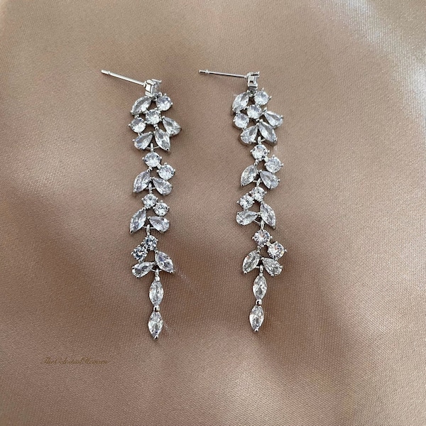 Cubic Zirconia Rose Gold Silver Plated Crystal Leaf Drop Earrings| Bridal Wedding Earrings| Leaf Dangle Earrings| Silver Rose Gold Earrings
