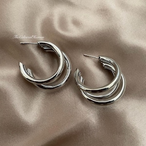 925 Sterling Silver Gold Shiny Triple Hoop Earrings| Silver Hoops| Gold Hoops| Minimalist Earrings