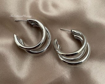 925 Sterling Silver Gold Shiny Triple Hoop Earrings| Silver Hoops| Gold Hoops| Minimalist Earrings