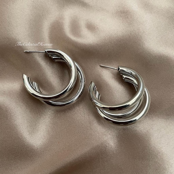 925 Sterling Silver Gold Shiny Triple Hoop Earrings| Silver Hoops| Gold Hoops| Minimalist Earrings