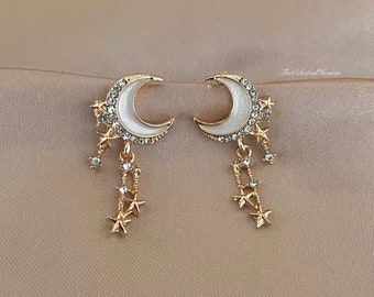 925 Sterling Silver Earrings| Acrylic Golden Crescent Moon Tassel Earrings| Crystal Dangle Drop| Moon Star Earrings| Gold Moon Star Earrings