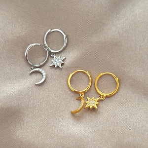 925 Sterling Silver Small Moon Star Huggies|Gold Silver Moon and Star Huggie Hoops Earrings| Celestial Earrings| Mismatch Drop Hoop Earrings
