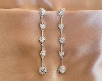 925 Sterling Silver Post Long Tassel Gold and Silver Diamond Dangle Drop Earrings| Gold Silver Tassel Earrings| Bridal Wedding Earrings